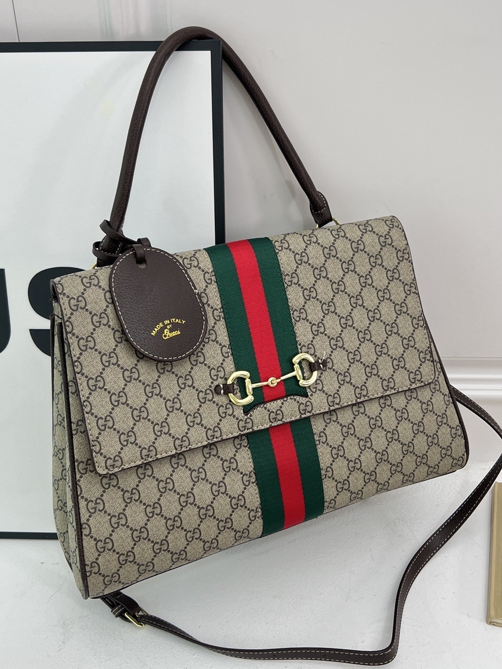 Beige Monogram Satchel with Green and Red Web Stripe